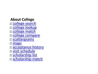     About College::college search::college lookup::college match::college compare::scattergrams::maps::acceptance history::visit schedule::scholarship list::scholarship match