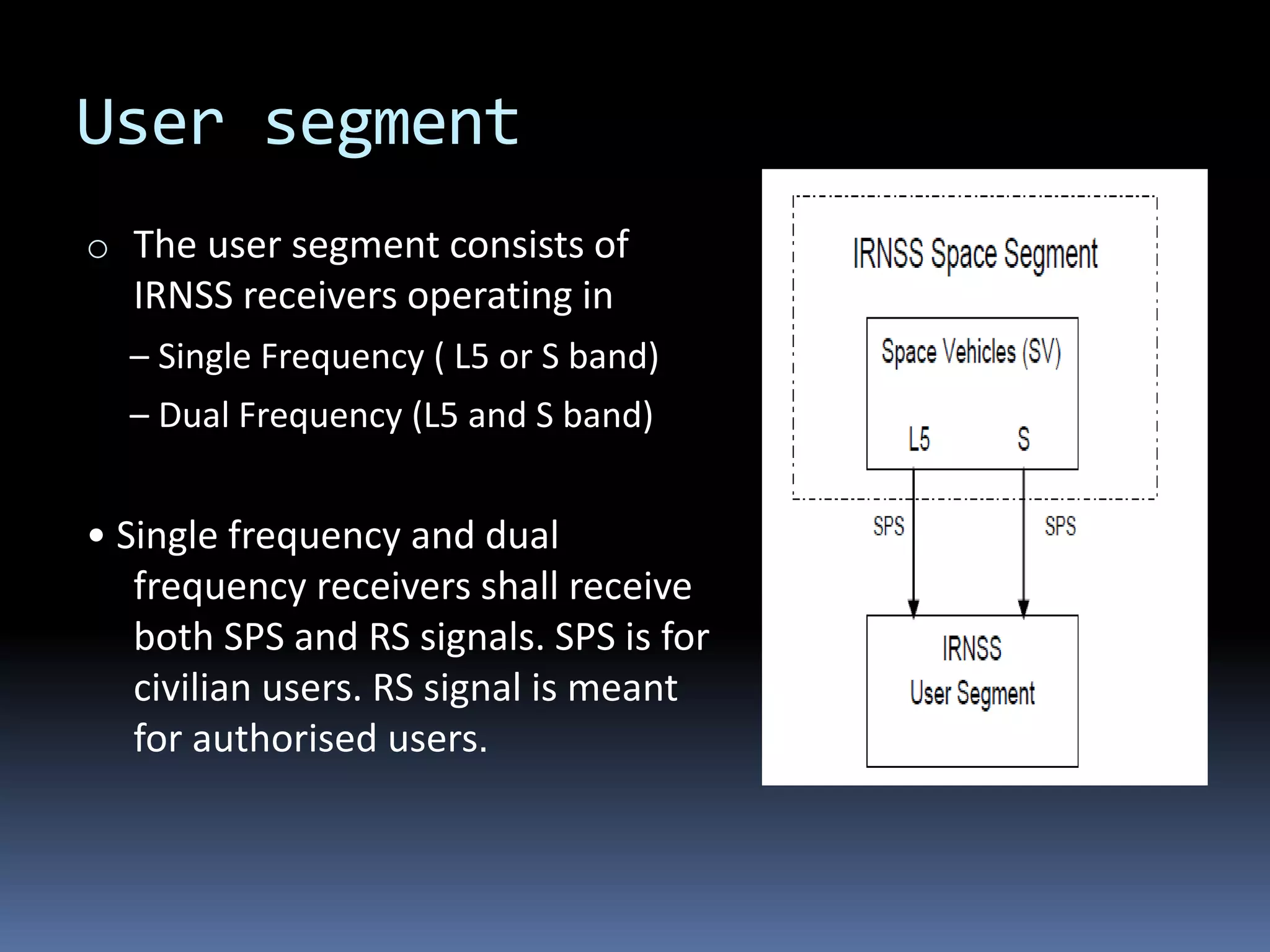 User segment
o The user segment consists of
IRNSS receivers operating in
– Single Frequency ( L5 or S band)
– Dual Frequency (L5 and S band)
• Single frequency and dual
frequency receivers shall receive
both SPS and RS signals. SPS is for
civilian users. RS signal is meant
for authorised users.
 