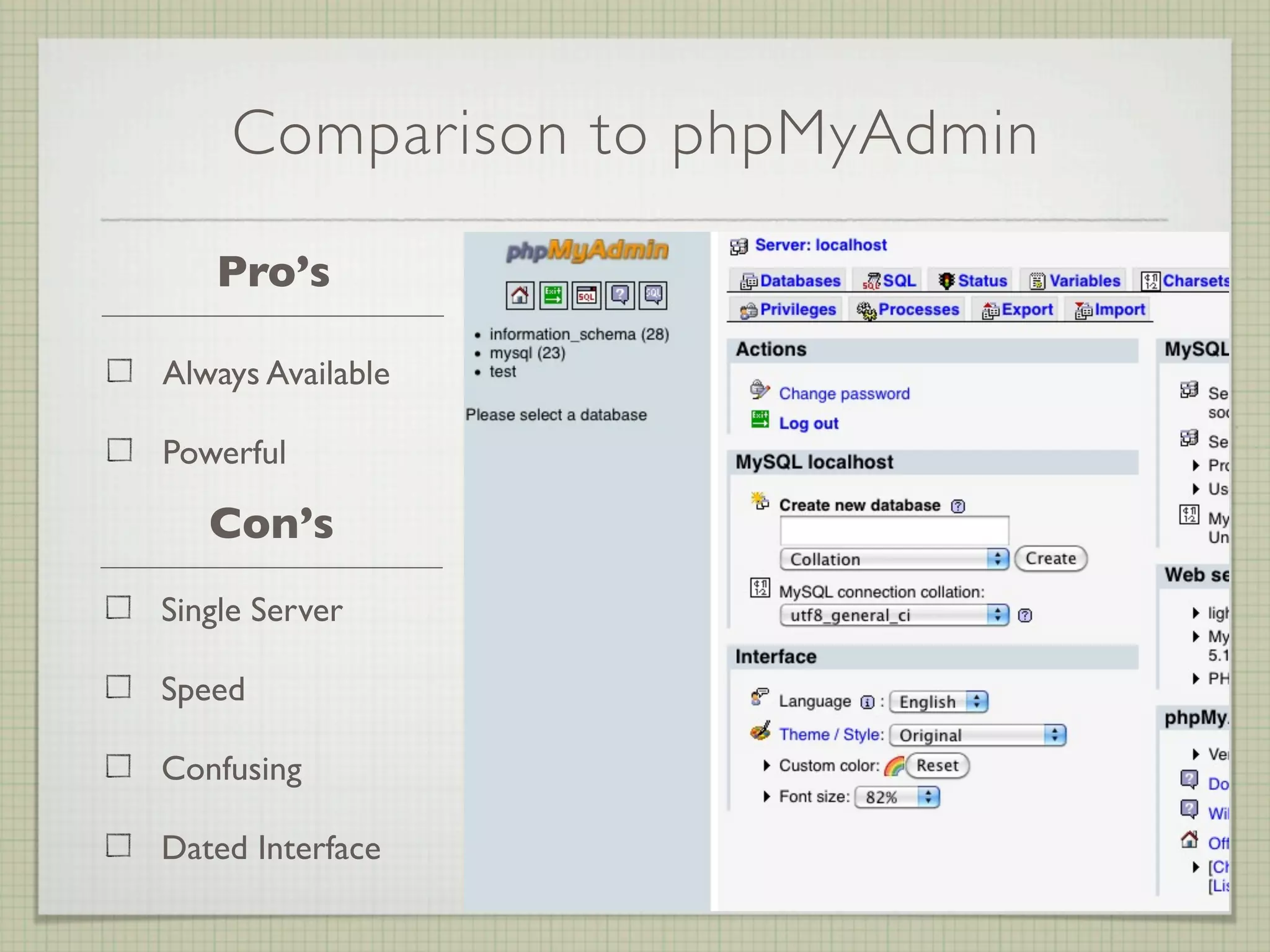 Comparison to phpMyAdmin

   Pro’s

Always Available

Powerful

   Con’s
Single Server

Speed

Confusing

Dated Interface
 