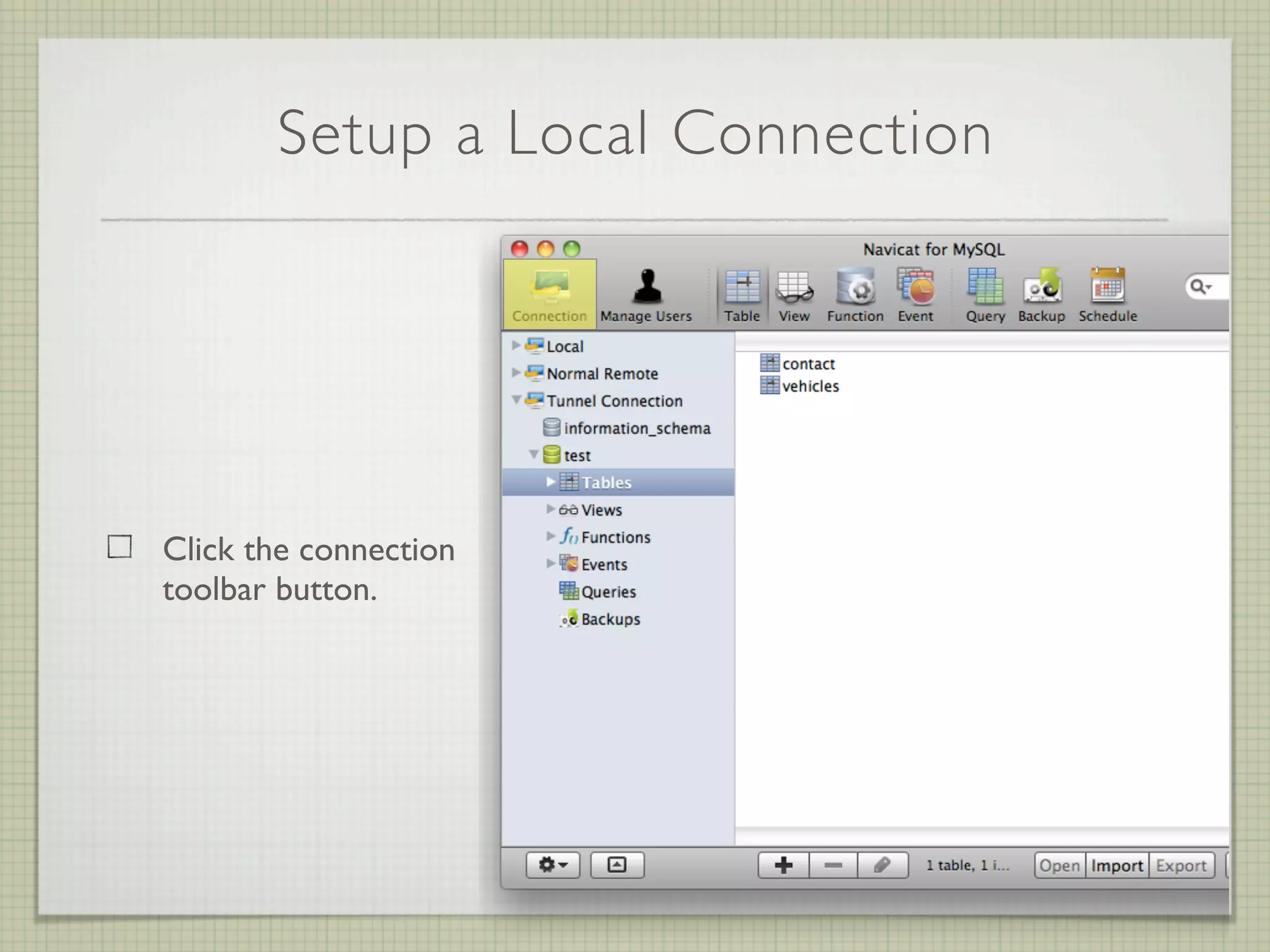 Setup a Local Connection




Click the connection
toolbar button.
 