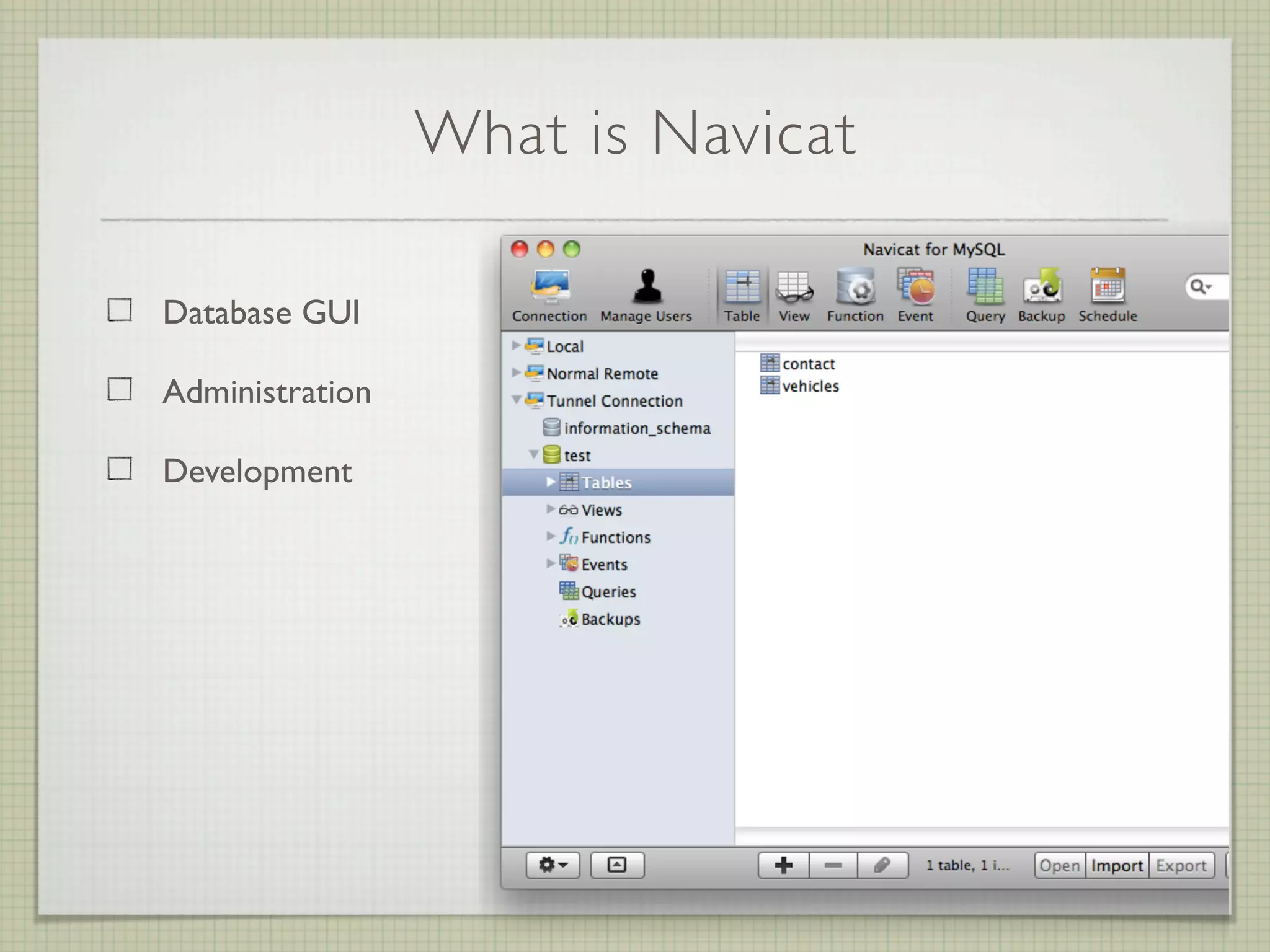 What is Navicat

Database GUI

Administration

Development
 