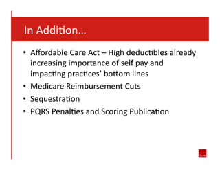  	
  	
  	
  In	
  Addi8on…	
  
•  Aﬀordable	
  Care	
  Act	
  –	
  High	
  deduc8bles	
  already	
  
increasing	
  importance	
  of	
  self	
  pay	
  and	
  
impac8ng	
  prac8ces’	
  bo`om	
  lines	
  
•  Medicare	
  Reimbursement	
  Cuts	
  
•  Sequestra8on	
  
•  PQRS	
  Penal8es	
  and	
  Scoring	
  Publica8on	
  

 