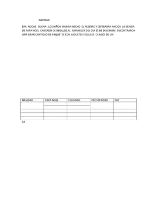 NAVIDAD
ERA NOCHE BUENA . LOS NIÑOS HABIAN HECHO EL PESEBRE Y ESPERABAN ANCIOS LA VENIDA
DE PAPA NOEL CARGADO DE REGALOS.AL AMANECER DEL DIA 25 DE DISIEMBRE ENCONTRARON
UNA GRAN CANTIDAD DE PAQUETES CON JUGUETES Y DULCES DEBAJO DE UN
NAVIDAD PAPA NOEL FELISIDAD PROSPERIDAD PAZ
58