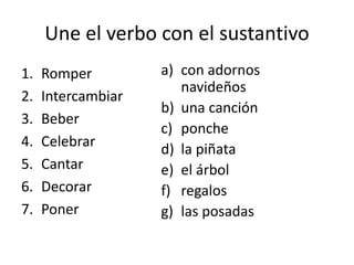 Une el verbo con el sustantivo
1. Romper
2. Intercambiar
3. Beber
4. Celebrar
5. Cantar
6. Decorar
7. Poner
a) con adornos
navideños
b) una canción
c) ponche
d) la piñata
e) el árbol
f) regalos
g) las posadas
 
