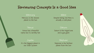 Reviewing Concepts Is a Good Idea
Mercury
Mercury is the closest
planet to the Sun
Venus
Venus has a beautiful
name, but it’s terribly hot
Mars
Despite being red, Mars is
actually a cold place
Jupiter
It’s the biggest planet in
our Solar System
Saturn
Saturn is the ringed one
and a gas giant
Neptune
Neptune is the farthest
planet from the Sun
 