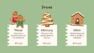 Prices
Despite being red,
Mars is actually a
cold place
Mercury is the
closest planet to
the Sun
Venus has a
beautiful name, but
it’s terribly hot
Mars
Mercury
Venus
$10/unit
$2/unit
$5/unit
 