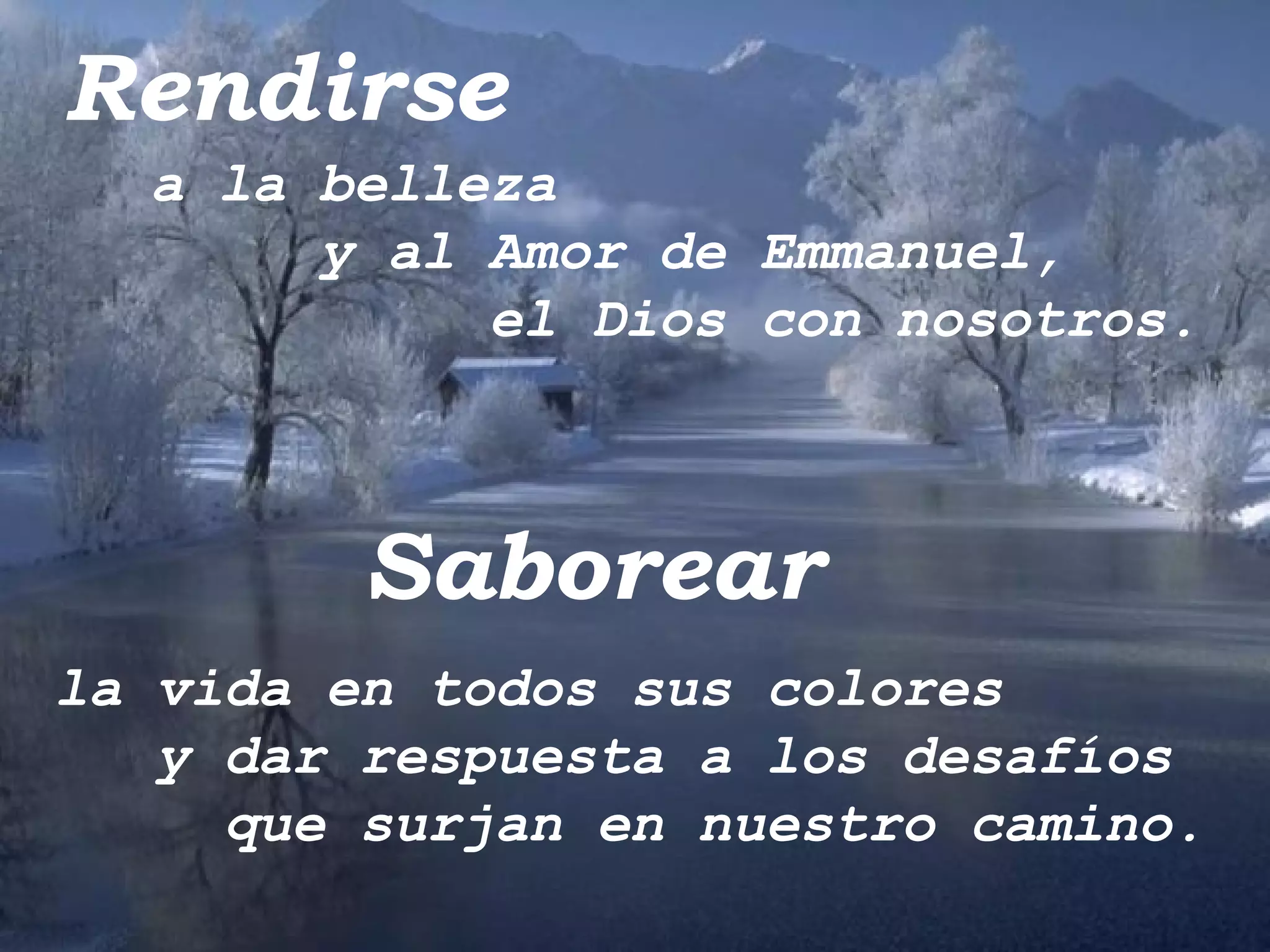 Rendirse a la belleza y al Amor de Emmanuel, el Dios con nosotros. Saborear la vida en todos sus colores y dar respuesta a los desafíos que surjan en nuestro camino. 