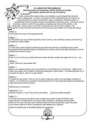 EL CUENTO DE TRES ÁRBOLES
(Hay tres pinos en el escenario y detrás de ellos se ocultan
tres actores, quienes dan su voz a los pinos)
NARRADOR
Hace muchos años, existía sobre una montaña un gran bosque lleno de pinos
altos y majestuosos. A veces, al susurrar el viento suavemente por sus ramas, se
podía escuchar las voces de los árboles, bajas y melodiosas, hablando entre sí y
compartiendo deseos secretos, deseos que solamente sienten los pinos. Una tarde, casi al
anochecer, pasó un viento frió que jalaba y empujaba las ramas de los árboles, y los
hacia silbar, como un gran coro unido, entonando una canción triste y solitaria. De
repente, se escuchó esta conversación entre tres pinos que estaban en la orilla del bosque:
ÁRBOL 2:
Ya se acerca de nuevo, la temporada de frió.
ÁRBOL 1:
Si. Me parece que muy pronto empezará a caer la nieve, y nos cubrirá las ramas y las hará muy
pesadas por varios meses.
ÁRBOL 3:
Si. Pero quien sabe si todavía estaremos aquí para ese entonces. Acuérdense que en esta
temporada del año también llegan los leñadores con hachas, para cortar algunos árboles y usar la
madera para construir cosas.
ÁRBOL 1 :
Pues, si a mí me toca ser cortado este año, deseo de todo corazón que hagan de mi una. ..una. ..
ÁRBOL 2:
¿Qué? ¿Qué es lo que deseas ser?
ÁRBOL 1 :
Bueno, es un deseo secreto, pero muy profundo, y lo he tenido por mucho tiempo. (Baja la voz)
Quiero que hagan de mi madera una hermosa caja para un gran tesoro. Yo quisiera guardar en mí
un tesoro sin precio. ¡Ese es mi gran deseo!
ÁRBOL 2:
Tu deseo es muy bonito. Pero yo, por mi parte, tengo otro sueño, si es que llegan a desear mi
madera. Yo quisiera ser un grande e importante barco en el mar, llevando pasajeros prestigiosos y
carga valiosa de puerto en puerto.
(Silencio por un momento.)
ÁRBOLES 1 Y 2:
(Viendo a Árbol 3) Y ¿tú? No nos has comentado ... ¿Cuál es tu deseo secreto?
ARBOL 3 :
Yo lo que más quiero en la vida es que me dejen aquí mismo en esta montaña, para
seguir siendo un señalamiento vivo hacia el Dios verdadero, señalando siempre hacia
arriba con mi rama más alta, como muestra a todo el mundo de que Dios, quien hizo todo
lo que existe, está en el cielo y controlando cada detalle de su creación.
(Salen los actores que se ocultaban detrás de los árboles)

45

 