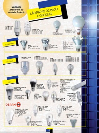Consulte
precio en su
establecimiento

S DE BAJO
R
LÁMPAOA SUMO
C N

3 TUBOS E-27
15W. Ref. 25.51
20W. Ref. 25.52
26 W. Ref. 25.53

REFLECT

ESPIRAL E-27

GLOBO E-27

Luz cálida. 15W. Ref. 25.58
Luz fría. 15W. Ref. 25.59
Luz fría. 20W. Ref. 25.60
Luz fría. 15W. Ref. 25.61
Luz fría. 20W. Ref. 25.62

Luz cálida. 9W. Ref. 25.63
Luz fría. 9W. Ref. 25.64

R-80

ORAS
R-50

DICROICA GU10
11 W. Ref. 25.76

AS

Luz cálida. 9W. E-27. Ref.
25.72
Luz fría. 9W. E-27. Ref.
25.73
Luz cálida. 913W. E-27.
Ref. 25.74
Luz fría. 13W. E-27. Ref.
25.75

R-63

Luz cálida. 9W. E-14.
Ref. 25.70
Luz fría. 9W. E-27. Ref.
25.71

Luz cálida. 7W. E-14. Ref.
25.68
Luz fría. 7W. E-14. Ref. 25.69

HALÓGEN

Luz cálida. 15W. Ref. 25.65
Luz fría. 15W. Ref. 25.66
Luz fría. 25W. Ref. 25.67

ESFÉRICA E-14

ESTÁNDAR

Luz cálida. 28W. E-27. Ref. 25.77
Luz cálida. 42W. E-27. Ref. 25.78
Luz cálida. 70W. E-27. Ref. 25.79
Luz cálida. 105W. E-27. Ref. 25.80

ESFÉRICA
VELA

Luz cálida. 18W. E-14. Ref. 25.81
Luz cálida. 28W. E-14. Ref. 25.82
Luz cálida. 42W. E-14. Ref. 25.83

Luz cálida. 18W. E-14. Ref. 25.84
Luz cálida. 28W. E-14. Ref. 25.85
Luz cálida. 28W. E-27. Ref. 25.86
Luz cálida. 42W. E-14. Ref. 25.87
Luz cálida. 42W. E-27. Ref. 25.88

TUBO FLUORESCENTE LED

LED

€

Ref. 25.509
9 W. 60 cm. Luz Fría 800 lm
(equivalente
a 18 W de fluorescencia)

Luz cálida. Ref.
25.97

Luz fría. Ref. 25.95
Luz cálida. Ref. 25.96

Luz fría. Ref. 25.93
Luz cálida. Ref. 25.94

49,95

VELA C37/
E-14
240 V. 4 W.

ESTÁNDAR
G60/E-27
240 V. 8,5 W.

ESTÁNDAR G50/E-27
240 V. 6,5 W.

20 W. 120 cm. Luz Fría 1700 lm
(equivalente
a 36W de fluorescencia)

37,95

€

Ref. 25.510

ESFÉRICA G45/E-14
240 V. 2,5 W.
Luz fría. Ref. 25.99
Luz cálida. Ref. 25.100

ESFÉRICA
G45/E-27
240 V. 2,5 W.

Luz fría. Ref. 25.101
Luz cálida.
Ref. 25.102

VELA C37/E-14
240 V. 6 W.

LÁMPARA LED
PLC

10 W 5000 K 1100 lm
G24D rotacional
180º .

29,95

€

Luz cálida. Ref. 25.98

VELA E-14 240 V.

VELA E-14 240 V.

Luz fría. 5,8W. Mate.

13

,95€

ESTÁNDAR E-27 240 V.
Luz cálida. 7W. Ref. 25.635
Luz fría. 8W. Ref. 25.636
Luz cálida. 10W. Ref. 25.637
Luz fría. 10W. Ref. 25.638
Desde

Ref. 25.778

Luz fría. 5,8W. Clara.

14,95

Ref. 25.639

9,95

€

Ref. 25.640

DICRÓICA GU10 240 V.

€

Luz cálida. 7W.

13,95
ESFÉRICA E-14 240 V.
Luz fría. 5,8W.

14

,95€

ESFÉRICA E-27 240 V.
Luz fría. 5,8W.

14,95

€

Ref. 25.641

Ref. 25.642

€

Ref. 25.643

 