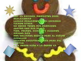 HOY ES NAVIDAD, MOMENTOS PARA REFLEXIONARLLEGAN RECUERDOS DE MI INFANCIA TIEMPO ATRÁSEN DONDE TODOS MIS HERMANOS JUNTOS CON MIS PAPASTÍOS, PRIMOS, FAMILIA Y ALGUNOS AMIGOS MÁSNOS SOLÍAMOS REUNIR PARA AL NIÑITO ARRULLARUNIENDO NUESTRAS VOCES PARA ASÍ CANTAR,A LA RORRO NIÑO A LA RORRO YA.