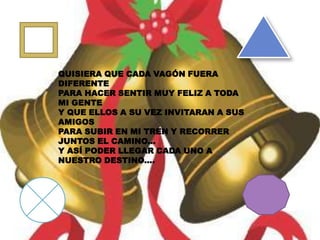 QUISIERA QUE CADA VAGÓN FUERA DIFERENTEPARA HACER SENTIR MUY FELIZ A TODA MI GENTE Y QUE ELLOS A SU VEZ INVITARAN A SUS AMIGOSPARA SUBIR EN MI TREN Y RECORRER JUNTOS EL CAMINO...Y ASÍ PODER LLEGAR CADA UNO A NUESTRO DESTINO.... 