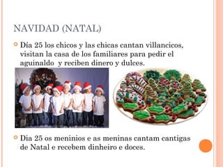 NAVIDAD (NATAL)


Día 25 los chicos y las chicas cantan villancicos,
visitan la casa de los familiares para pedir el
aguinaldo y reciben dinero y dulces.



Dia 25 os meninios e as meninas cantam cantigas
de Natal e recebem dinheiro e doces.

 