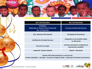 Día 4 de Diciembre

Día 5 de Diciembre

VII Módulo
Diplomado en Gestión Social al Desarrollo
Plan de Desarrollo

Encuentro de Desarrollo Humano

Plan Nacional y Plan Distrital

Estrategias de Pensamiento

Cualificación del Capital Humano

Integración con las Familias Unidos
en Villa Senda

Derroche de energía

Creación comunitaria e instalación de
decoraciones navideñas

Integración Equipo Unidos44

Deporte - Recreación

Familias Villa Senda participan en concursos de:
Pesebres Navideños – Fachadas – Armonía y Arreglo de Calles – Animación de Pesebres Comunitarios

Desarrollo Humano Unidos44 - Un día en Comunidad

 