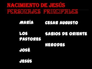 NACIMIENTO DE JESÚS
personajes principales

    María    Cesar Augusto

    Los      Sabios de Oriente
    pastores
             Herodes
    José

    Jesús
 