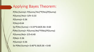 Applying Bayes Theorem:
P(Yes|Sunny)= P(Sunny|Yes)*P(Yes)/P(Sunny)
P(Sunny|Yes)= 3/9= 0.33
P(Sunny)= 0.36
P(Yes)=0.64
So P(Yes|Sunny) = 0.33*0.64/0.36= 0.60
P(No|Sunny)= P(Sunny|No)*P(No)/P(Sunny)
P(Sunny|No)= 2/5=0.40
P(No)= 0.36
P(Sunny)= 0.36
So P(No|Sunny)= 0.40*0.36/0.36 = 0.40
 