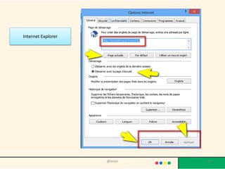 Les sites sont identifiés par des noms
• Chaque ordinateur directement connecté à internet possède
au moins une adresse IP propre.
• Cependant, il n’est pas très pratique de travailler avec des
adresses numériques du genre 194.153.205.26, d’où l’usage
du système des noms de domaine, des adresses plus explicites
du type « www.commentcamarche.net. » Ainsi, il est possible
d'associer des noms en langage courant aux adresses
numériques grâce à un système appelé DNS (Domain Name
System).
29@telier
 