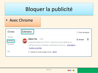 Avec Internet Explorer
• Ouvrez votre navigateur. En haut à droite,
cliquez sur Outils.
• Une liste s'affiche. Tout en bas de la liste,
cliquez sur Options Internet.
• Une boite s'affiche. Au milieu, on trouve un
bouton Supprimer. Cliquez dessus, puis cliquez
une deuxième fois sur Supprimer. Patientez
puis cliquez sur OK.
@telier 46
 