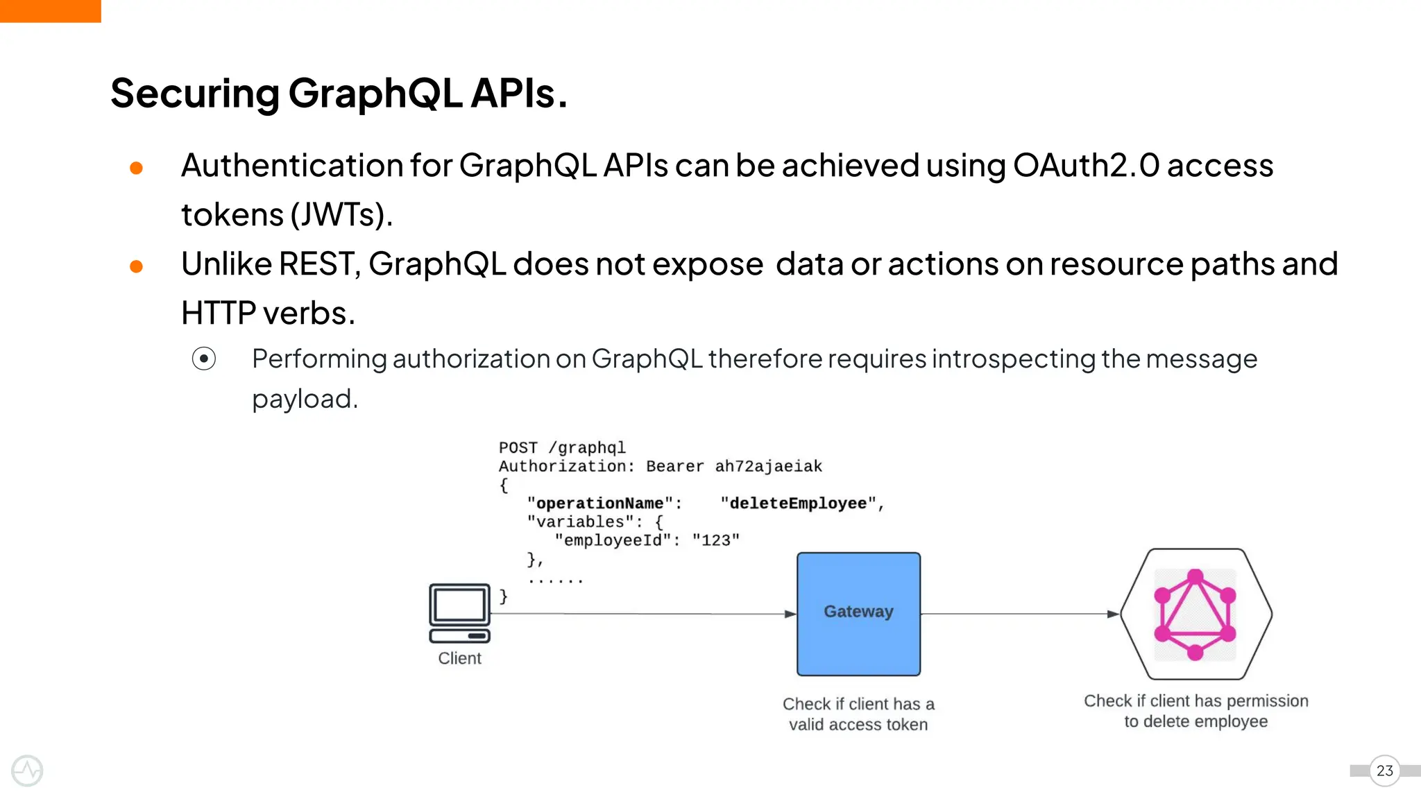 ● Authentication for GraphQL APIs can be achieved using OAuth2.0 access
tokens (JWTs).
● Unlike REST, GraphQL does not expose data or actions on resource paths and
HTTP verbs.
⦿ Performing authorization on GraphQL therefore requires introspecting the message
payload.
Securing GraphQL APIs.
23
 
