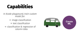 Capabilities
In Xcode playground, train custom
model for:
→ image classiﬁcation
→ text classiﬁcation
→ classiﬁcation & regression of
column data
 