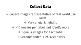 Collect Data
→ Collect images representative of real world use
cases
→ Vary angle & lighting
→ >10 images per label, but ideally more
→ Equal # images for each label
→ Recommended: >299x299 pixels
 