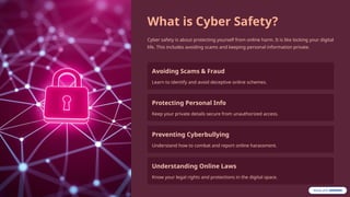 What is Cyber Safety?
Cyber safety is about protecting yourself from online harm. It is like locking your digital
life. This includes avoiding scams and keeping personal information private.
Avoiding Scams & Fraud
Learn to identify and avoid deceptive online schemes.
Protecting Personal Info
Keep your private details secure from unauthorized access.
Preventing Cyberbullying
Understand how to combat and report online harassment.
Understanding Online Laws
Know your legal rights and protections in the digital space.
 