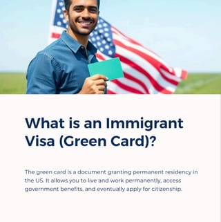 What is an Immigrant
Visa (Green Card)?
The green card is a document granting permanent residency in
the US. It allows you to live and work permanently, access
government benefits, and eventually apply for citizenship.
 