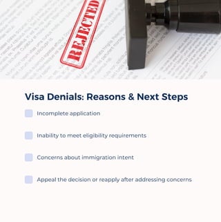Visa Denials: Reasons & Next Steps
Incomplete application
Inability to meet eligibility requirements
Concerns about immigration intent
Appeal the decision or reapply after addressing concerns
 