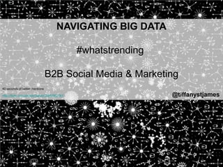 NAVIGATING BIG DATA

                                               #whatstrending

                                 B2B Social Media & Marketing
40 seconds of twitter mentions

Http://flickr.com/photos/hepwori/5981862741/                    @tiffanystjames
 