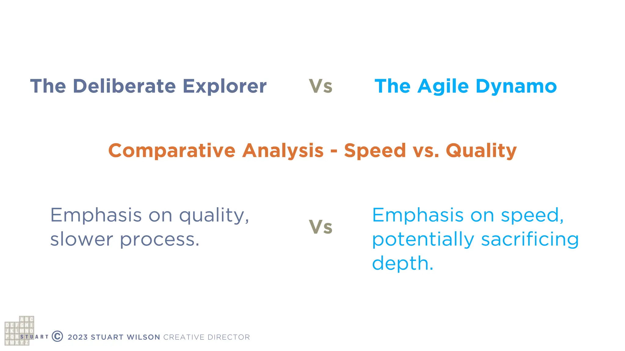 The Deliberate Explorer The Agile Dynamo
Vs
Comparative Analysis - Speed vs. Quality
Emphasis on quality,
slower process.
Emphasis on speed,
potentially sacri
fi
cing
depth.
Vs
© 2023 STUART WILSON CREATIVE DIRECTOR
 