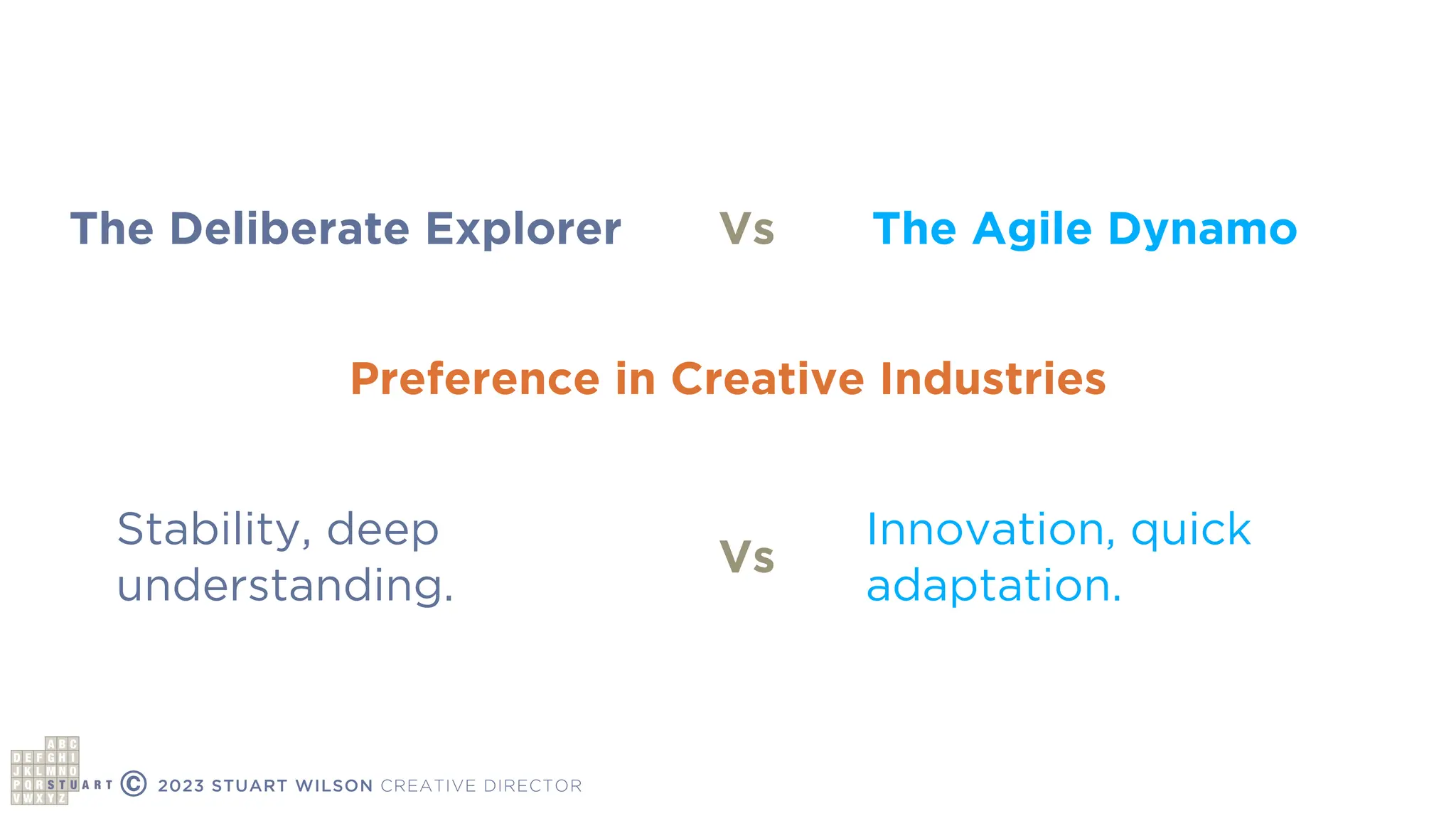 The Deliberate Explorer The Agile Dynamo
Vs
Preference in Creative Industries
Stability, deep
understanding.
Innovation, quick
adaptation.
Vs
© 2023 STUART WILSON CREATIVE DIRECTOR
 