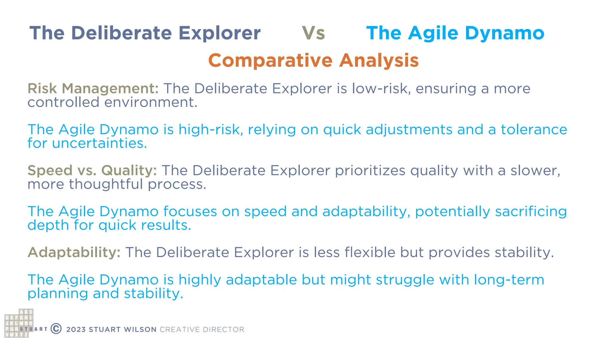 The Deliberate Explorer The Agile Dynamo
Vs
Comparative Analysis
Risk Management: The Deliberate Explorer is low-risk, ensuring a more
controlled environment.
The Agile Dynamo is high-risk, relying on quick adjustments and a tolerance
for uncertainties.
Speed vs. Quality: The Deliberate Explorer prioritizes quality with a slower,
more thoughtful process.
The Agile Dynamo focuses on speed and adaptability, potentially sacri
fi
cing
depth for quick results.
Adaptability: The Deliberate Explorer is less
fl
exible but provides stability.
The Agile Dynamo is highly adaptable but might struggle with long-term
planning and stability.
© 2023 STUART WILSON CREATIVE DIRECTOR
 