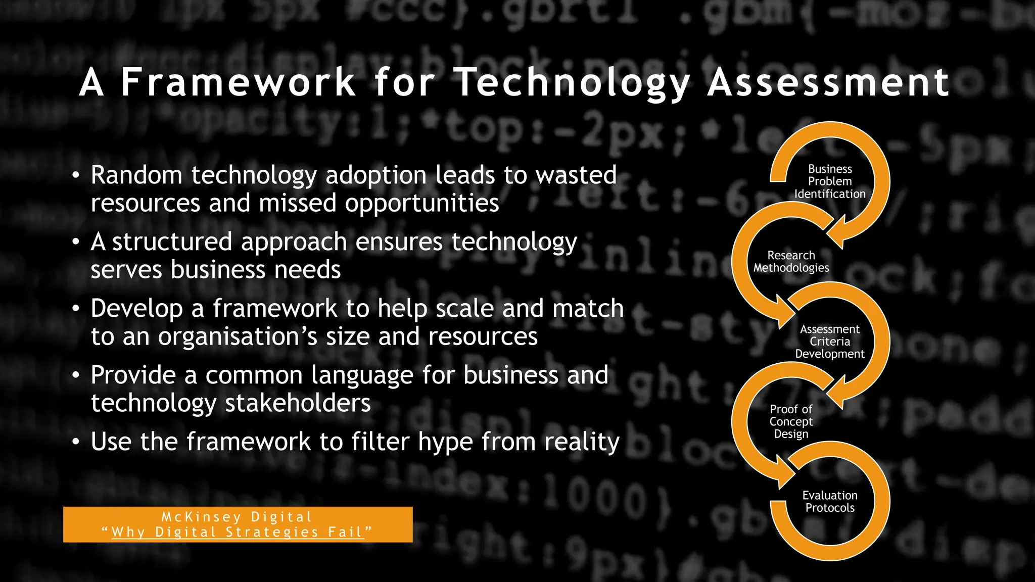 M c K i n s e y D i g i t a l
“ W h y D i g i t a l S t r a t e g i e s F a i l ”
A Framework for Technology Assessment
• Random technology adoption leads to wasted
resources and missed opportunities
• A structured approach ensures technology
serves business needs
• Develop a framework to help scale and match
to an organisation’s size and resources
• Provide a common language for business and
technology stakeholders
• Use the framework to filter hype from reality
Business
Problem
Identification
Research
Methodologies
Assessment
Criteria
Development
Proof of
Concept
Design
Evaluation
Protocols
 