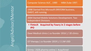 Angel/Advisor/Mentor
Computer Science AUC , 1989 MBA Duke 1997.
1998 Started first Microsoft ERP/CRM business,
EMEIT, still running
2004 Started Mobile Solutions Development. Two
Independent Divisions
• Fintech Acquired by Fawry in 2 stages before
IPO
Dawi Medical clinics ( co founder 2016 ) / 20 clinics
O7 therapy ( co founder 2019 ) / 2.1M USD
Grinta ( B2B pharma online ) Acquihired
 