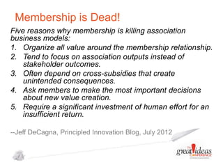 Membership is Dead!
Five reasons why membership is killing association
business models:
1. Organize all value around the membership relationship.
2. Tend to focus on association outputs instead of
stakeholder outcomes.
3. Often depend on cross-subsidies that create
unintended consequences.
4. Ask members to make the most important decisions
about new value creation.
5. Require a significant investment of human effort for an
insufficient return.
--Jeff DeCagna, Principled Innovation Blog, July 2012

 