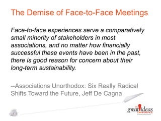 The Demise of Face-to-Face Meetings
Face-to-face experiences serve a comparatively
small minority of stakeholders in most
associations, and no matter how financially
successful these events have been in the past,
there is good reason for concern about their
long-term sustainability.
--Associations Unorthodox: Six Really Radical
Shifts Toward the Future, Jeff De Cagna

 