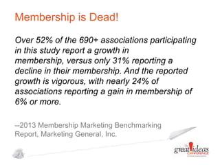 Membership is Dead!
Over 52% of the 690+ associations participating
in this study report a growth in
membership, versus only 31% reporting a
decline in their membership. And the reported
growth is vigorous, with nearly 24% of
associations reporting a gain in membership of
6% or more.
--2013 Membership Marketing Benchmarking
Report, Marketing General, Inc.

 
