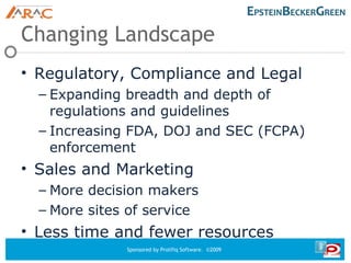 Changing Landscape Regulatory, Compliance and Legal Expanding breadth and depth of regulations and guidelines Increasing FDA, DOJ and SEC (FCPA) enforcement Sales and Marketing More decision makers More sites of service Less time and fewer resources 