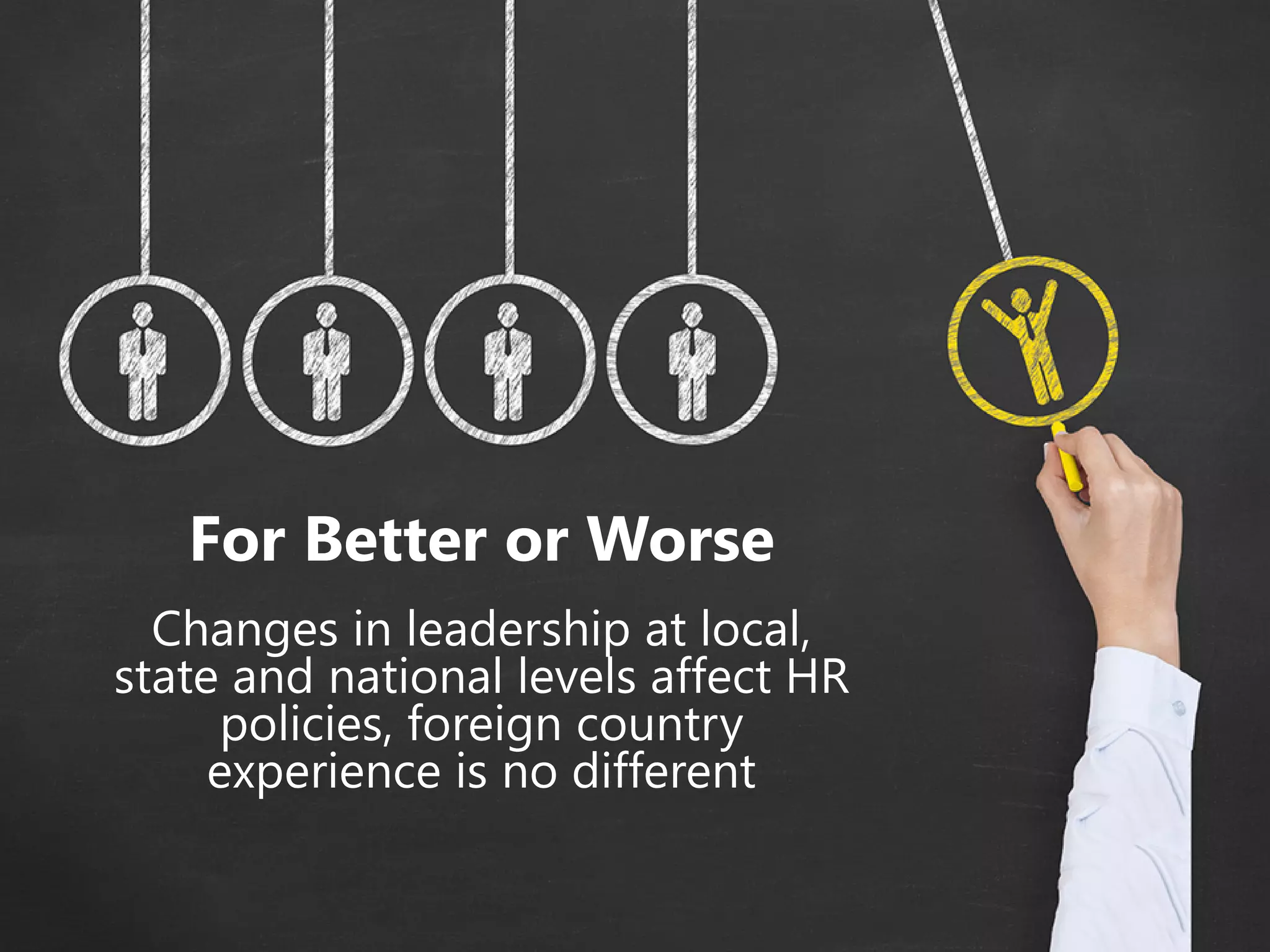 For Better or Worse
Changes in leadership at local,
state and national levels affect HR
policies, foreign country
experience is no different
 