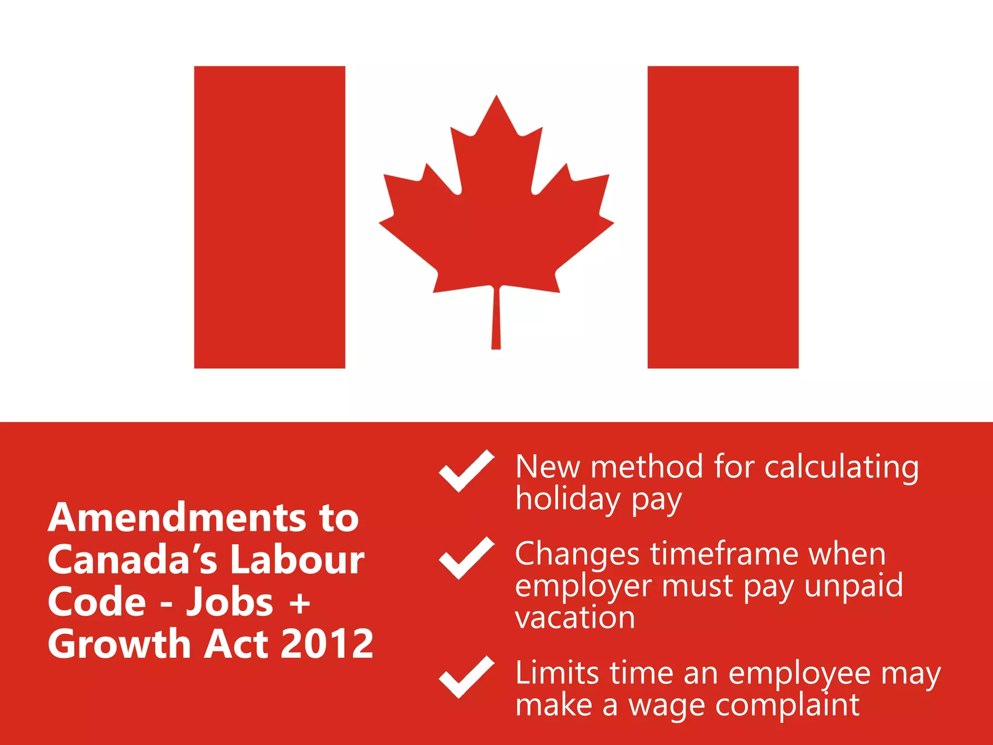 New method for calculating
holiday pay
Changes timeframe when
employer must pay unpaid
vacation
Limits time an employee may
make a wage complaint
Amendments to
Canada’s Labour
Code - Jobs +
Growth Act 2012
 
