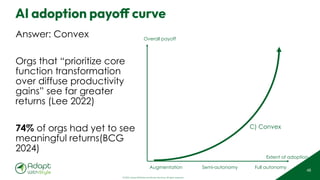 © 2025 Adapt WithStyle and Rowan Bunning. All rights reserved.
AI adoption payoff curve
48
Augmentation Semi-autonomy Full autonomy
Overall payoff
C) Convex
Extent of adoption
Answer: Convex
Orgs that “prioritize core
function transformation
over diffuse productivity
gains” see far greater
returns (Lee 2022)
74% of orgs had yet to see
meaningful returns(BCG
2024)
 