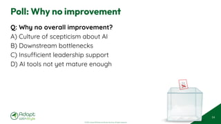 © 2025 Adapt WithStyle and Rowan Bunning. All rights reserved.
Poll: Why no improvement
Q: Why no overall improvement?
A) Culture of scepticism about AI
B) Downstream bottlenecks
C) Insufficient leadership support
D) AI tools not yet mature enough
54
 