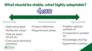 © 2025 Adapt WithStyle and Rowan Bunning. All rights reserved.
What should be stable, what highly adaptable?
• Optimising goal
• Perfection vision
• Feature team
structure
• Core socio-technical
practices
• Product definition
• Requirement areas
• Problem spaces
worked on
• Components worked
on
• Knowledge sharing
• Agreement creation
Relatively stable Gradually adaptable Highly adaptable
 