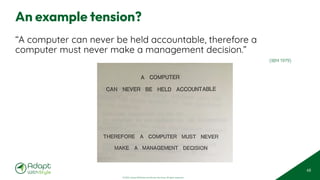 © 2025 Adapt WithStyle and Rowan Bunning. All rights reserved.
An example tension?
“A computer can never be held accountable, therefore a
computer must never make a management decision.”
(IBM 1979)
68
 