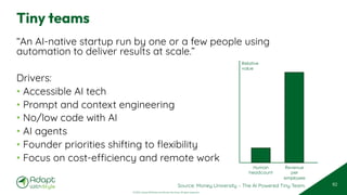 © 2025 Adapt WithStyle and Rowan Bunning. All rights reserved.
Tiny teams
“An AI-native startup run by one or a few people using
automation to deliver results at scale.”
Drivers:
• Accessible AI tech
• Prompt and context engineering
• No/low code with AI
• AI agents
• Founder priorities shifting to flexibility
• Focus on cost-efficiency and remote work
82
Source: Money University – The AI Powered Tiny Team.
Human
headcount
Revenue
per
employee
Relative
value
 