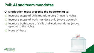 © 2025 Adapt WithStyle and Rowan Bunning. All rights reserved.
Poll: AI and team mandates
Q: AI adoption most presents the opportunity to:
a) Increase scope of skills mandate only (move to right)
b) Increase scope of work mandate only (move upward)
c) Increase both scope of skills and work mandates (move
upward to the right)
d) None of these
92
 