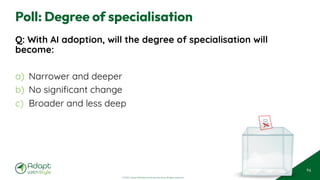 © 2025 Adapt WithStyle and Rowan Bunning. All rights reserved.
Poll: Degree of specialisation
Q: With AI adoption, will the degree of specialisation will
become:
a) Narrower and deeper
b) No significant change
c) Broader and less deep
96
 