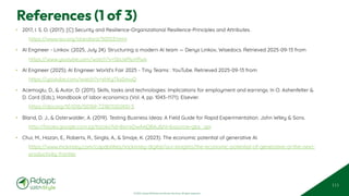 © 2025 Adapt WithStyle and Rowan Bunning. All rights reserved.
References (1 of 3)
• 2017, I. S. O. (2017). [C] Security and Resilience‐Organizational Resilience‐Principles and Attributes.
https://www.iso.org/standard/50053.html
• AI Engineer - Linkov. (2025, July 24). Structuring a modern AI team — Denys Linkov, Wisedocs. Retrieved 2025-09-13 from
https://www.youtube.com/watch?v=SbUxRluVRwk
• AI Engineer (2025). AI Engineer World’s Fair 2025 - Tiny Teams : YouTube. Retrieved 2025-09-13 from
https://youtube.com/watch?v=xhKgTkzSmuQ
• Acemoglu, D., & Autor, D. (2011). Skills, tasks and technologies: Implications for employment and earnings. In O. Ashenfelter &
D. Card (Eds.), Handbook of labor economics (Vol. 4, pp. 1043–1171). Elsevier.
https://doi.org/10.1016/S0169-7218(11)02410-5
• Bland, D. J., & Osterwalder, A. (2019). Testing Business Ideas: A Field Guide for Rapid Experimentation. John Wiley & Sons.
http://books.google.com.sg/books?id=8smxDwAAQBAJ&hl=&source=gbs_api
• Chui, M., Hazan, E., Roberts, R., Singla, A., & Smaje, K. (2023). The economic potential of generative AI.
https://www.mckinsey.com/capabilities/mckinsey-digital/our-insights/the-economic-potential-of-generative-ai-the-next-
productivity-frontier
111
 