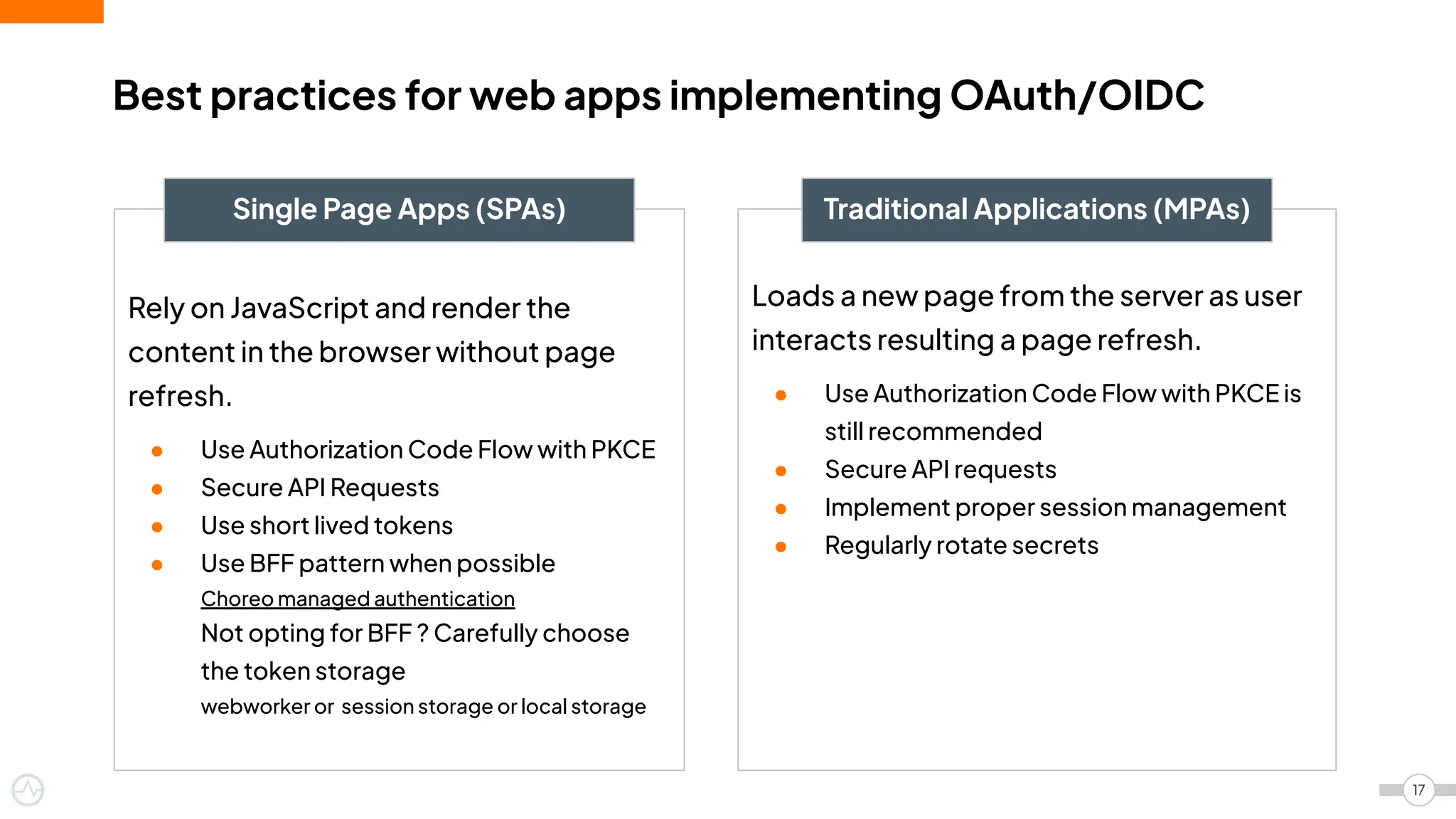 Rely on JavaScript and render the
content in the browser without page
refresh.
● Use Authorization Code Flow with PKCE
● Secure API Requests
● Use short lived tokens
● Use BFF pattern when possible
Choreo managed authentication
Not opting for BFF ? Carefully choose
the token storage
webworker or session storage or local storage
Loads a new page from the server as user
interacts resulting a page refresh.
● Use Authorization Code Flow with PKCE is
still recommended
● Secure API requests
● Implement proper session management
● Regularly rotate secrets
17
Best practices for web apps implementing OAuth/OIDC
Single Page Apps (SPAs) Traditional Applications (MPAs)
 