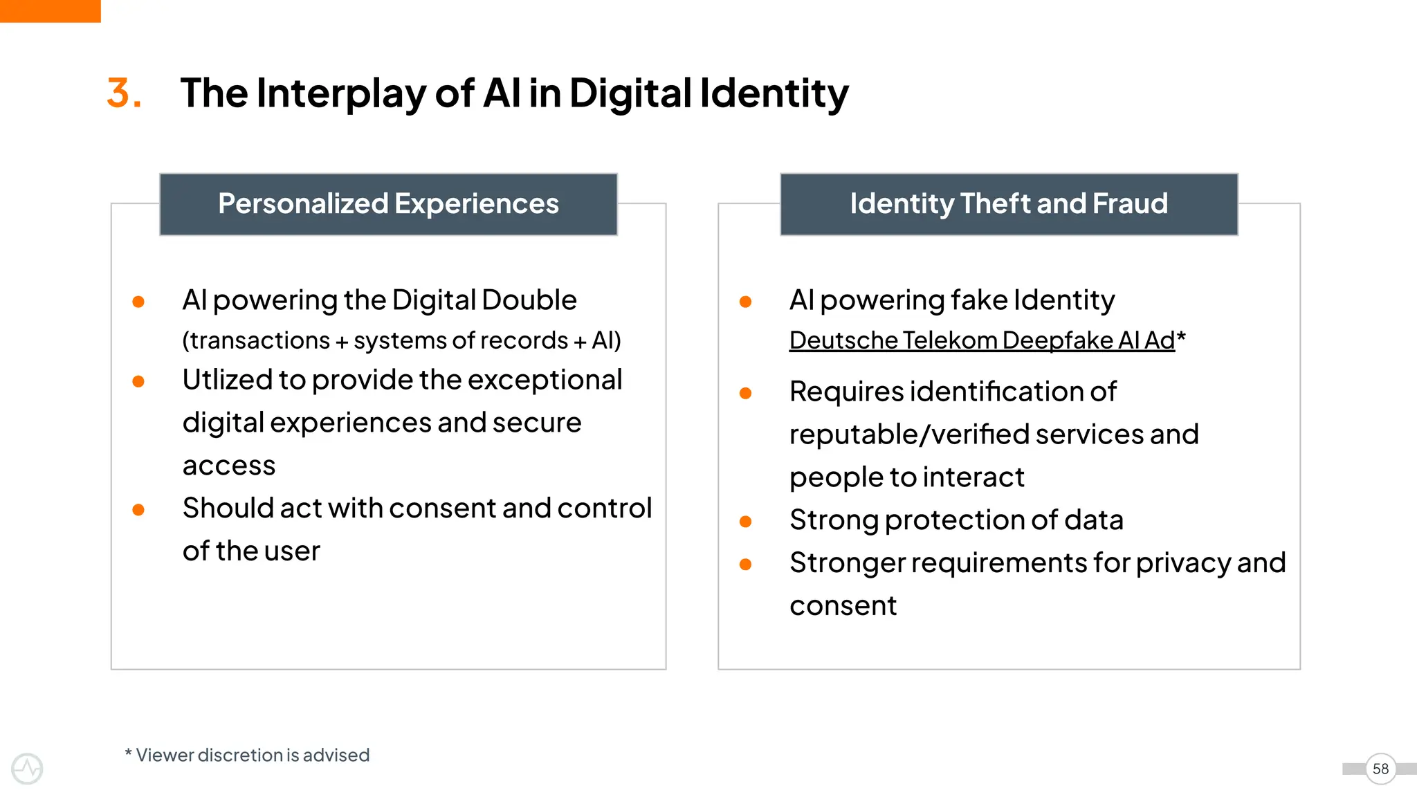 ● AI powering the Digital Double
(transactions + systems of records + AI)
● Utlized to provide the exceptional
digital experiences and secure
access
● Should act with consent and control
of the user
● AI powering fake Identity
Deutsche Telekom Deepfake AI Ad*
● Requires identiﬁcation of
reputable/veriﬁed services and
people to interact
● Strong protection of data
● Stronger requirements for privacy and
consent
58
3. The Interplay of AI in Digital Identity
Personalized Experiences Identity Theft and Fraud
* Viewer discretion is advised
 