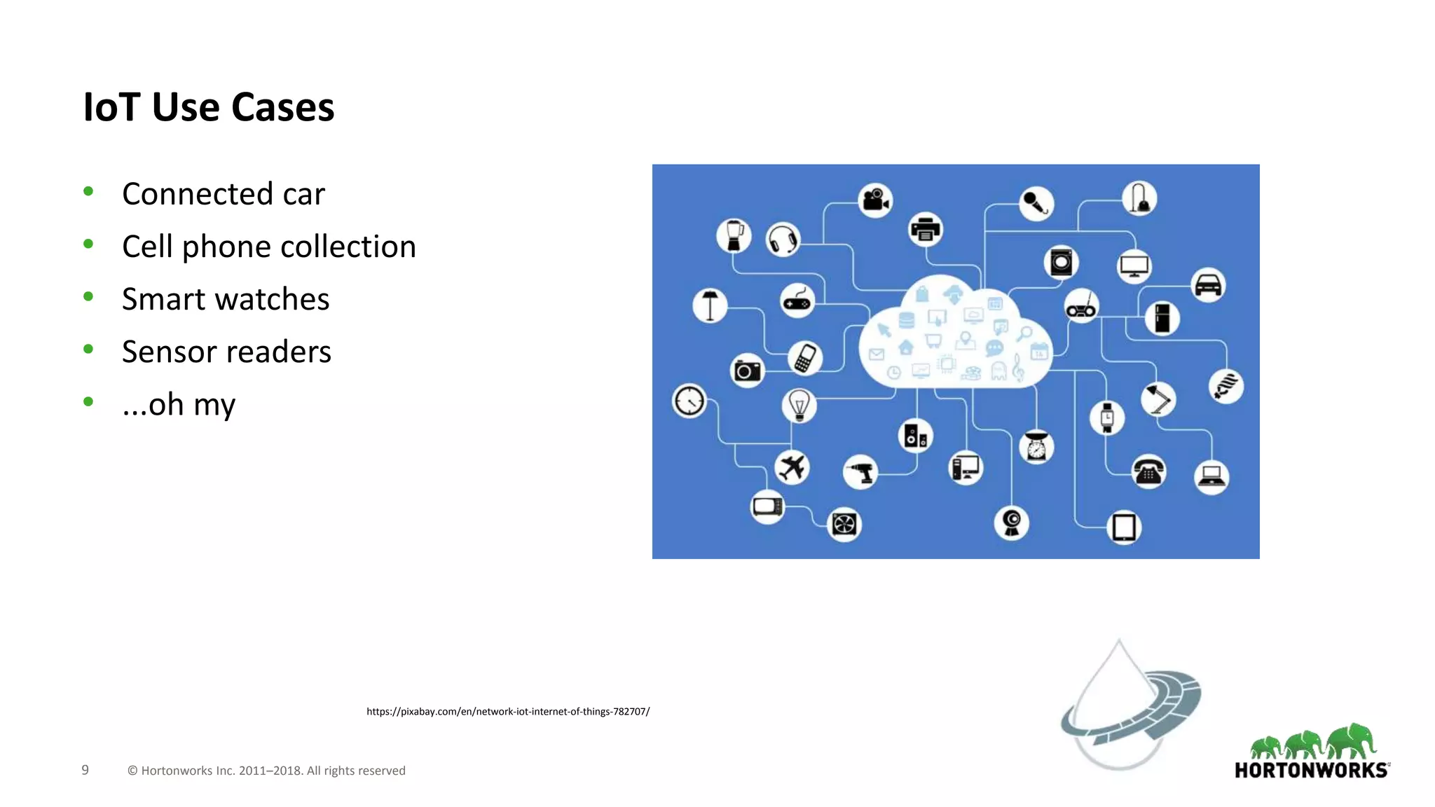 9 © Hortonworks Inc. 2011–2018. All rights reserved
https://pixabay.com/en/network-iot-internet-of-things-782707/
IoT Use Cases
• Connected car
• Cell phone collection
• Smart watches
• Sensor readers
• ...oh my
 